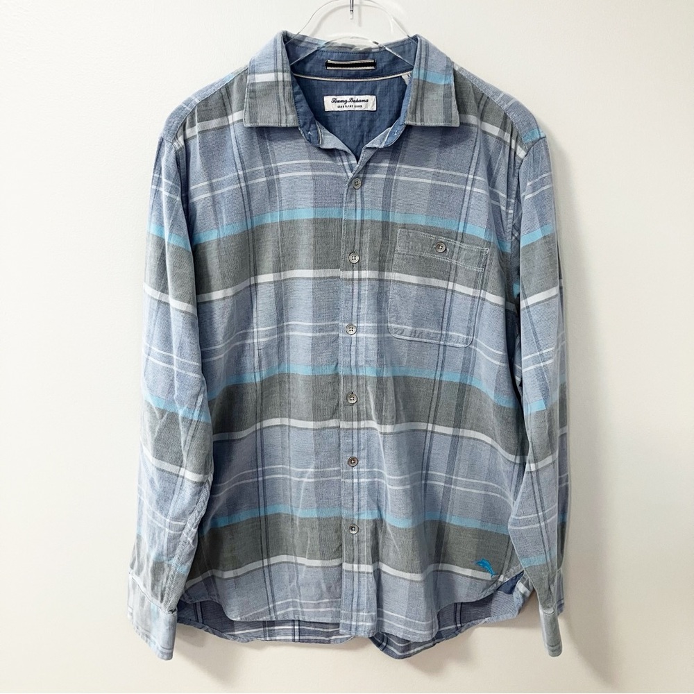 Tommy Bahama | Blue Coastline Cord Plaid Shirt L Beach Casual Cowboy Western
